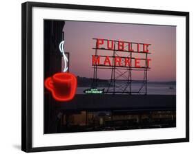 Neon Sign of Coffee Cup at Pike Place Market, Seattle, Washington, USA-Connie Ricca-Framed Photographic Print