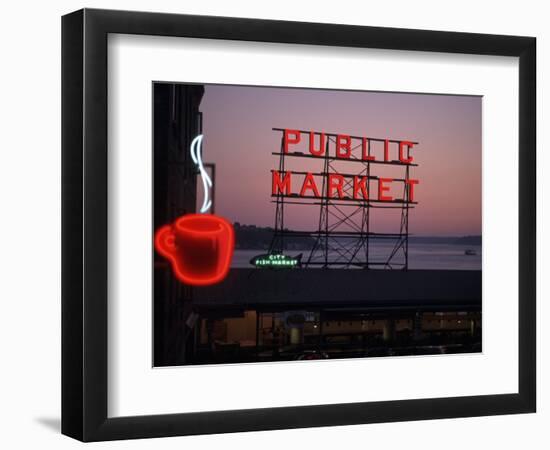 Neon Sign of Coffee Cup at Pike Place Market, Seattle, Washington, USA-Connie Ricca-Framed Photographic Print
