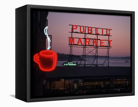 Neon Sign of Coffee Cup at Pike Place Market, Seattle, Washington, USA-Connie Ricca-Framed Stretched Canvas