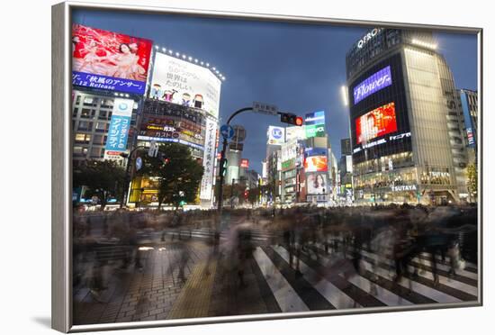 Neon Signs and Pedestrian Crossing (The Scramble) at Night, Shibuya Station, Shibuya, Tokyo, Japan-Stuart Black-Framed Photographic Print