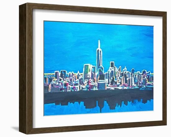 Neon Skyline of New York City Manhattan with One World Trade Center-Martina Bleichner-Framed Art Print