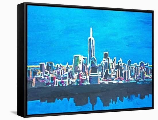 Neon Skyline of New York City Manhattan with One World Trade Center-Martina Bleichner-Framed Stretched Canvas