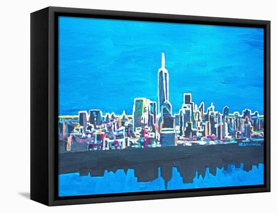 Neon Skyline of New York City Manhattan with One World Trade Center-Martina Bleichner-Framed Stretched Canvas