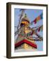 Nepal, Kathmandu, Swayambhunath Stupa and fluttering prayer flags in motion-Merrill Images-Framed Photographic Print