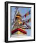 Nepal, Kathmandu, Swayambhunath Stupa and fluttering prayer flags in motion-Merrill Images-Framed Photographic Print