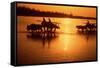 Nepal Loaded Bullock Carts Crossing Rapti River at Sunset-null-Framed Stretched Canvas