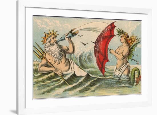 Neptune Sporting with Mermaid, Illustration-null-Framed Premium Giclee Print