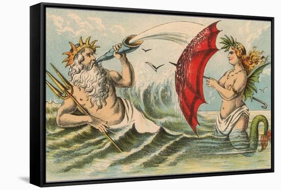 Neptune Sporting with Mermaid, Illustration-null-Framed Stretched Canvas