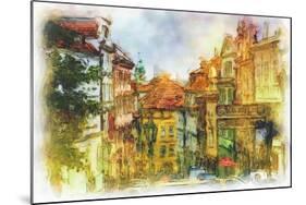 Nerudova Street In Old Prague Made In Artistic Watercolor Style-Timofeeva Maria-Mounted Art Print
