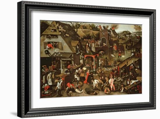 Netherlandish Proverbs Illustrated in a Village Landscape-Pieter Brueghel the Younger-Framed Giclee Print
