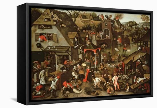 Netherlandish Proverbs Illustrated in a Village Landscape-Pieter Brueghel the Younger-Framed Stretched Canvas