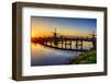 Netherlands, Kinderdijk. Windmill and bridge along the canal at sunrise-Terry Eggers-Framed Photographic Print