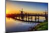 Netherlands, Kinderdijk. Windmill and bridge along the canal at sunrise-Terry Eggers-Mounted Photographic Print