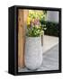 Netherlands, Lisse. Tall flower pot with yellow tulips and narcissus.-Julie Eggers-Framed Stretched Canvas