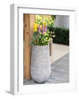 Netherlands, Lisse. Tall flower pot with yellow tulips and narcissus.-Julie Eggers-Framed Photographic Print