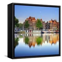 Netherlands, North Holland, Amsterdam. Typical Houses and Houseboats on Amstel River-Francesco Iacobelli-Framed Stretched Canvas