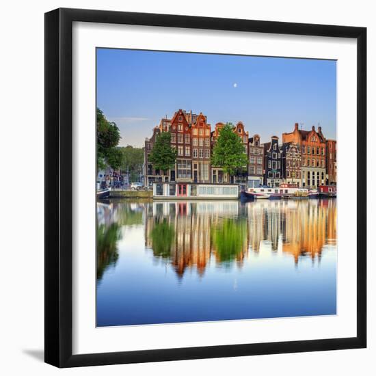 Netherlands, North Holland, Amsterdam. Typical Houses and Houseboats on Amstel River-Francesco Iacobelli-Framed Photographic Print