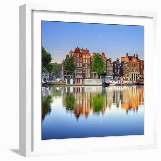 Netherlands, North Holland, Amsterdam. Typical Houses and Houseboats on Amstel River-Francesco Iacobelli-Framed Photographic Print