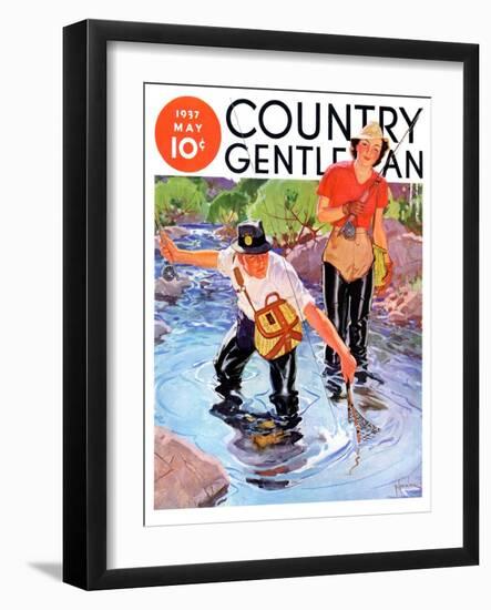"Netting a Fish," Country Gentleman Cover, May 1, 1937-R.J. Cavaliere-Framed Giclee Print