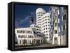 Neuer Zollhof Office Buildings with Rheinturm in Background, Medienhafen, Dusseldorf, Germany, Euro-David Clapp-Framed Stretched Canvas