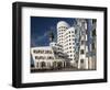 Neuer Zollhof Office Buildings with Rheinturm in Background, Medienhafen, Dusseldorf, Germany, Euro-David Clapp-Framed Photographic Print