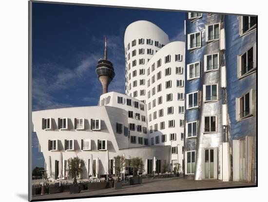 Neuer Zollhof Office Buildings with Rheinturm in Background, Medienhafen, Dusseldorf, Germany, Euro-David Clapp-Mounted Photographic Print