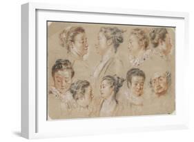 Neuf études de têtes de femme et d'homme-Jean Antoine Watteau-Framed Giclee Print
