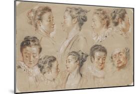 Neuf études de têtes de femme et d'homme-Jean Antoine Watteau-Mounted Giclee Print