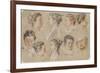Neuf études de têtes de femme et d'homme-Jean Antoine Watteau-Framed Giclee Print