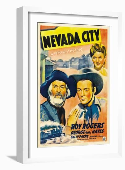 NEVADA CITY, from left: George 'Gabby' Hayes, Roy Rogers, Sally Payne, 1941.-null-Framed Art Print