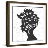 Never Stop Dreaming. Lettering-REANEW-Framed Art Print