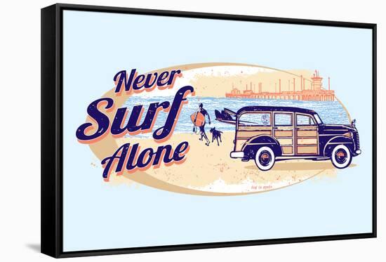 Never Surf Alone-Dog is Good-Framed Stretched Canvas