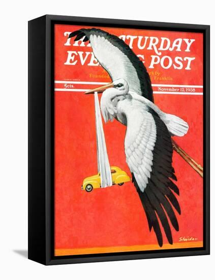 "New Born Automobile," Saturday Evening Post Cover, November 12, 1938-John E. Sheridan-Framed Stretched Canvas