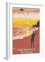 New Buffalo, Michigan - Beach and Kites-Lantern Press-Framed Art Print