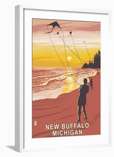 New Buffalo, Michigan - Beach and Kites-Lantern Press-Framed Art Print