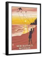 New Buffalo, Michigan - Beach and Kites-Lantern Press-Framed Art Print
