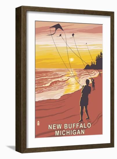 New Buffalo, Michigan - Beach and Kites-Lantern Press-Framed Art Print