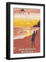 New Buffalo, Michigan - Beach and Kites-Lantern Press-Framed Art Print