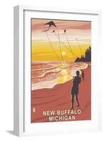 New Buffalo, Michigan - Beach and Kites-Lantern Press-Framed Art Print