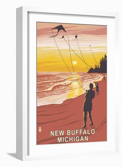 New Buffalo, Michigan - Beach and Kites-Lantern Press-Framed Art Print