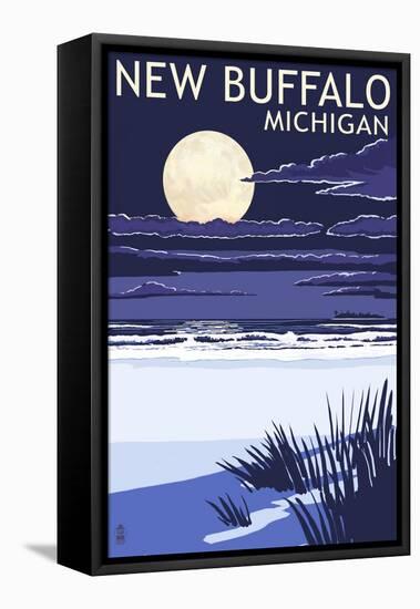 New Buffalo, Michigan - Full Moon Night Scene-Lantern Press-Framed Stretched Canvas
