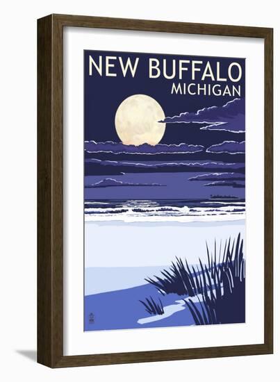 New Buffalo, Michigan - Full Moon Night Scene-Lantern Press-Framed Art Print