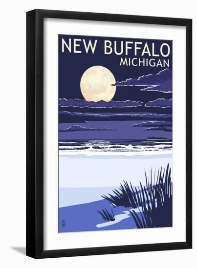 New Buffalo, Michigan - Full Moon Night Scene-Lantern Press-Framed Art Print