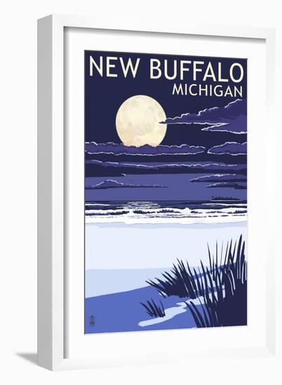 New Buffalo, Michigan - Full Moon Night Scene-Lantern Press-Framed Art Print