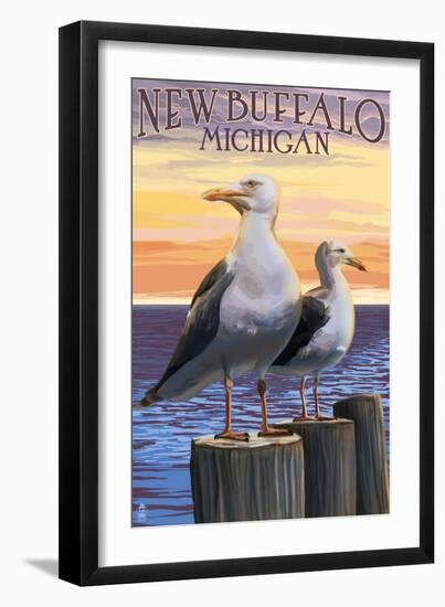 New Buffalo, Michigan - Seagull Scene-Lantern Press-Framed Art Print