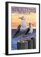 New Buffalo, Michigan - Seagull Scene-Lantern Press-Framed Art Print