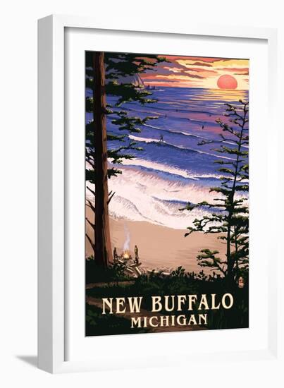 New Buffalo, Michigan - Sunset on Beach-Lantern Press-Framed Art Print