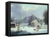 New England Farm by a Winter Road, 1854-George Henry Durrie-Framed Stretched Canvas