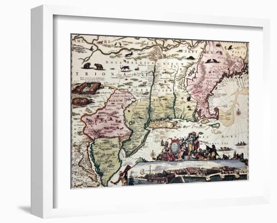New England Old Map With New Amsterdam Insert View-marzolino-Framed Art Print
