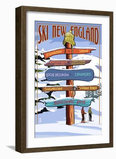 New England - Ski Areas Sign Destinations-Lantern Press-Framed Art Print